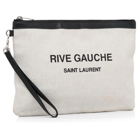 Saint Laurent Rive Gauche Canvas Clutch | YSL Pouch Black Leather Trim Wristlet - Picture 1 of 9